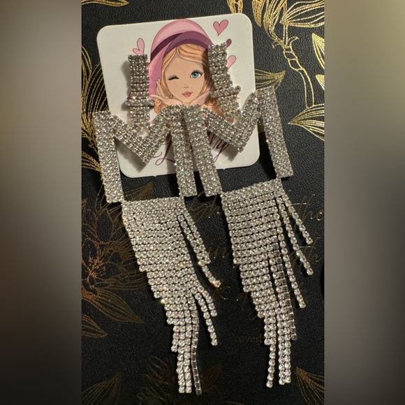 Silver Initial M Letter Swarovski Drop Earrings, Alphabet Dangling Earrings 🎀 - Picture 2 of 4